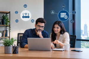 Two colleagues reviewing options on a laptop, with a Wi-Fi router icon on the left and a dedicated server icon on the right