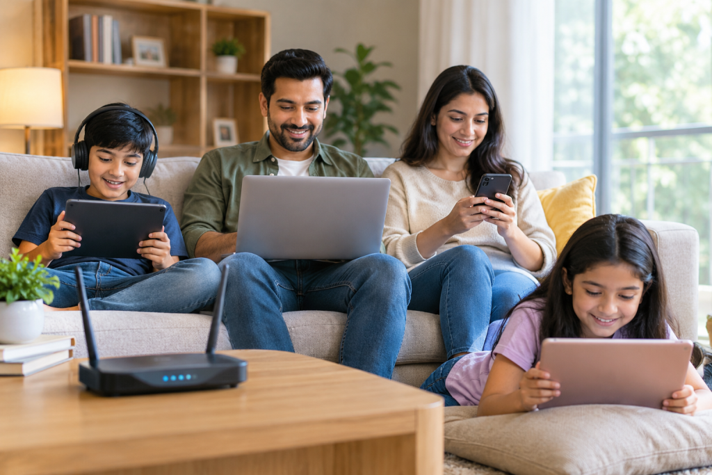 Family of four using tablets, a laptop and a phone on a sofa with a Wi-Fi router on the coffee table