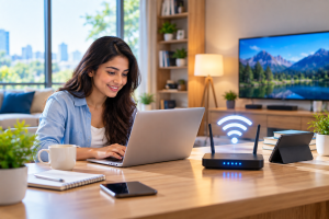 Woman working on a laptop at a table with a glowing Wi-Fi router, a tablet and a smartphone beside her