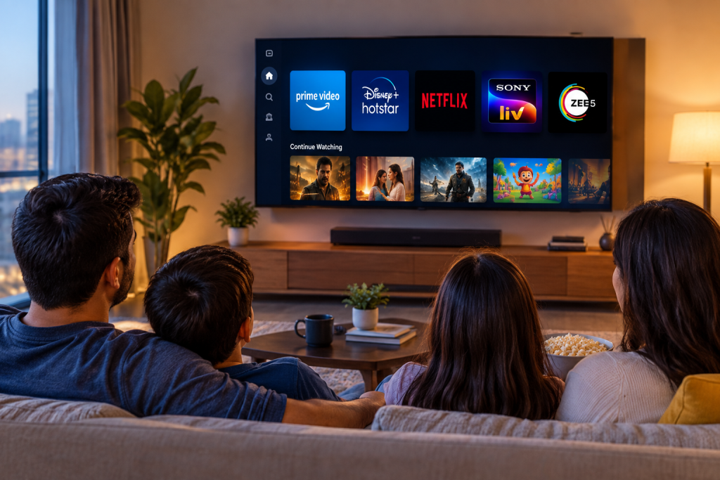 Family of four on a sofa watching a wall-mounted smart TV showing OTT apps and a Continue Watching row